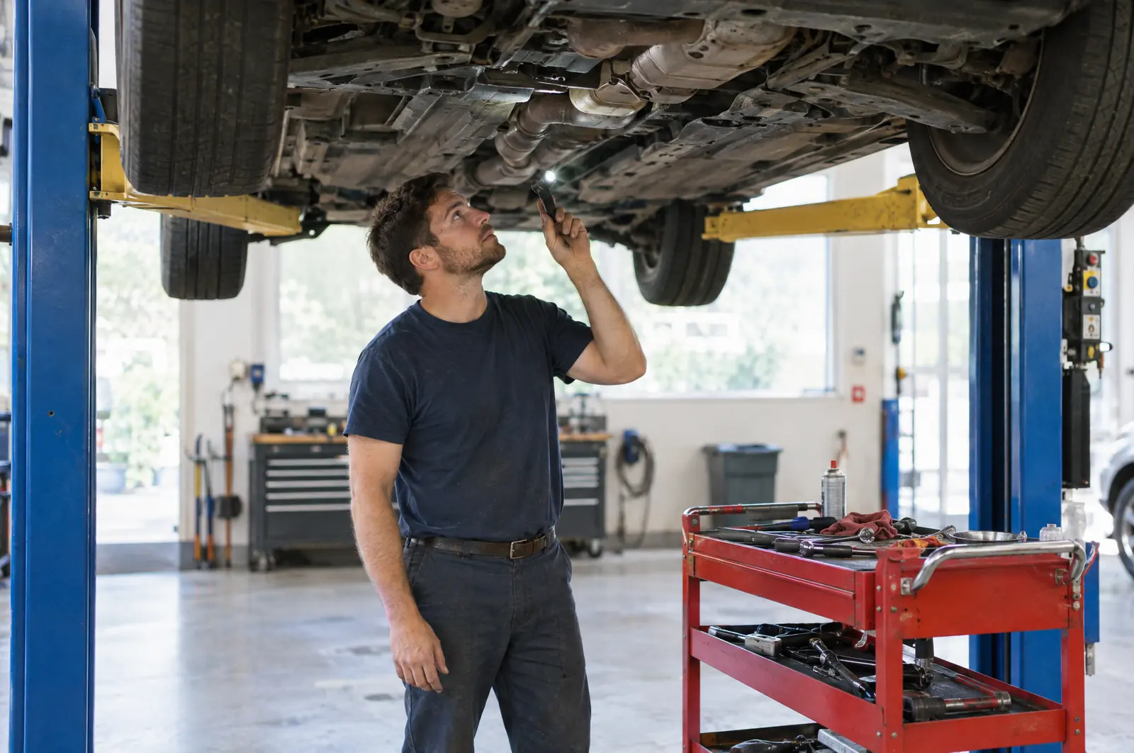 Auto technician inspecting a car on a lift