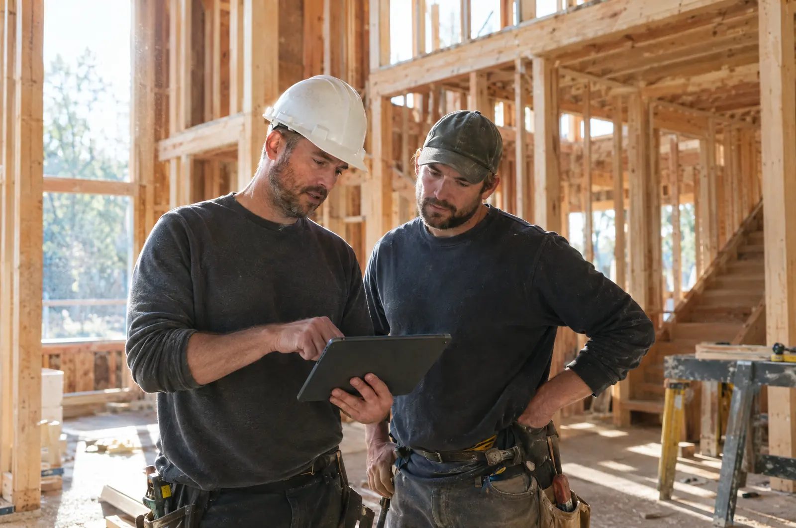 General contractor and carpenter reviewing plans inside a framed house