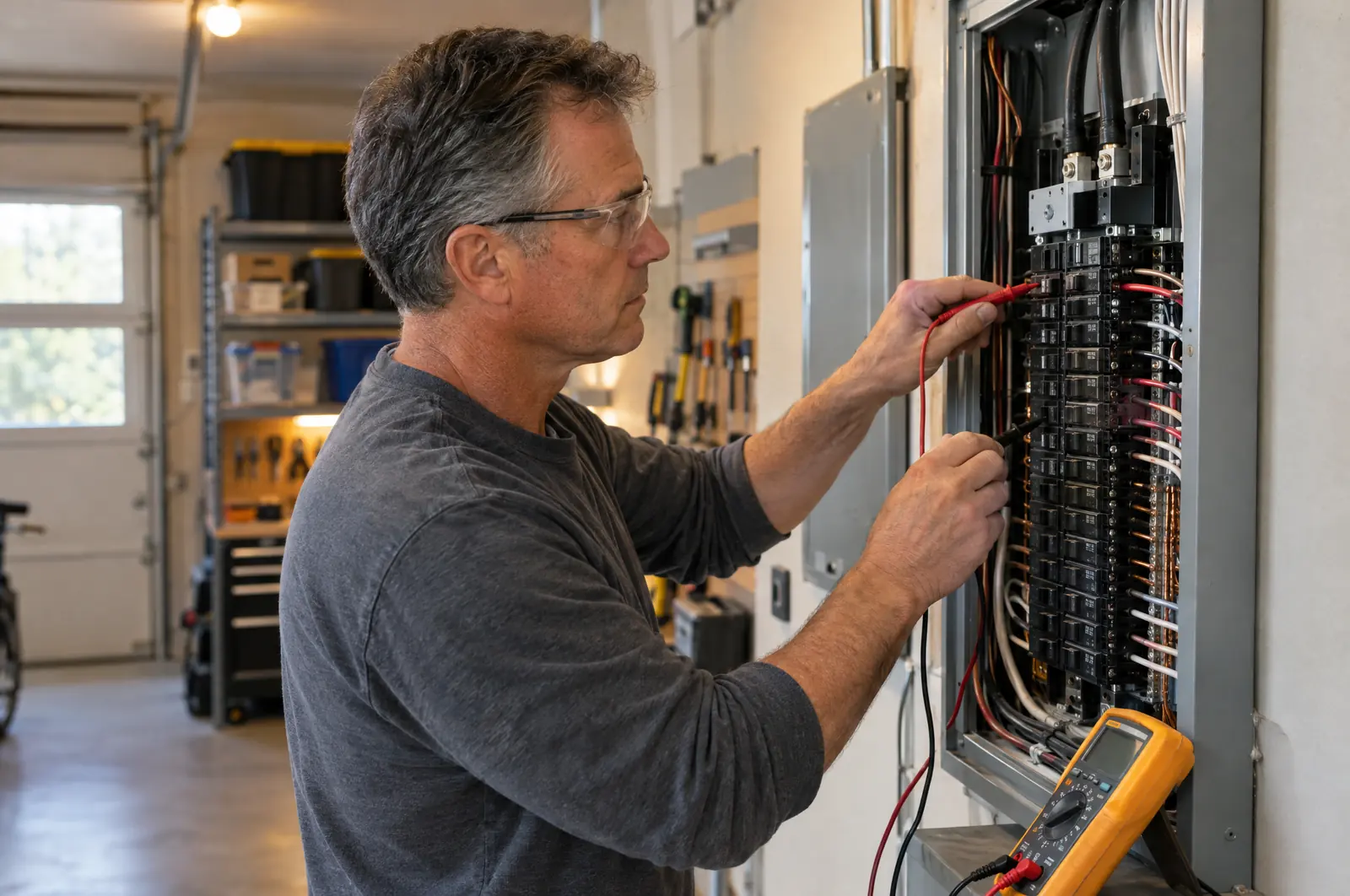 Electrician testing a home breaker panel with a multimeter