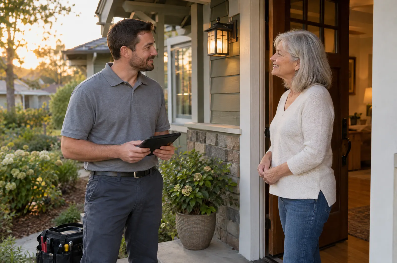 Service technician talking with a homeowner at her front door
