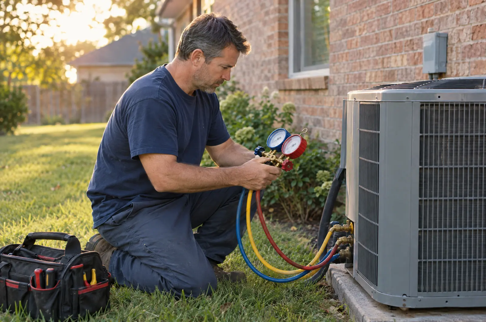 HVAC technician checking refrigerant gauges on an outdoor AC unit
