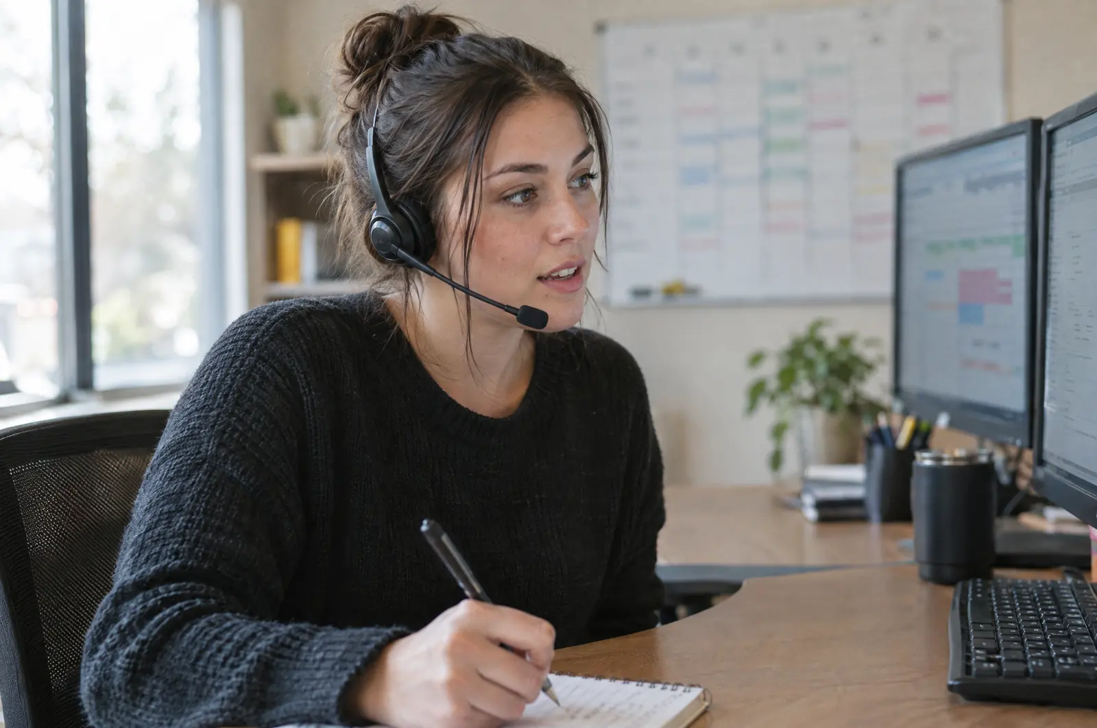 Office coordinator on a call with a customer