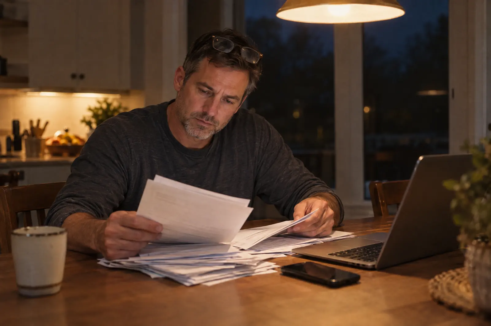 Business owner going through invoices at the kitchen table at night