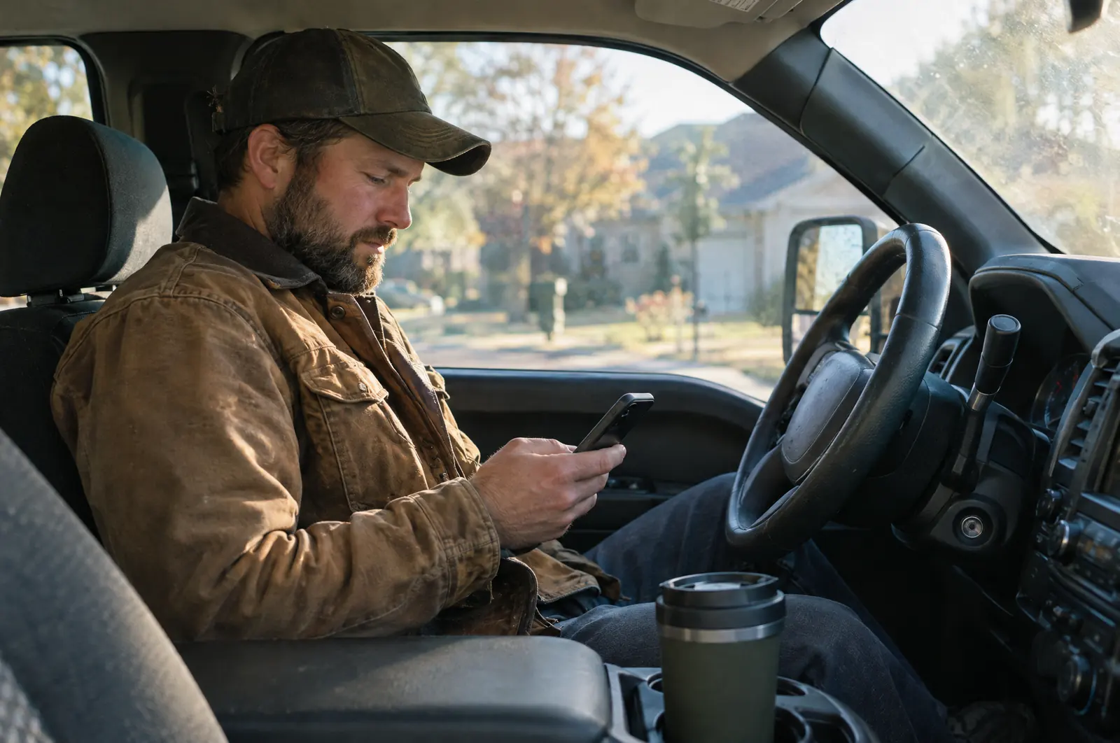 Business owner reading a summary on his phone in his truck