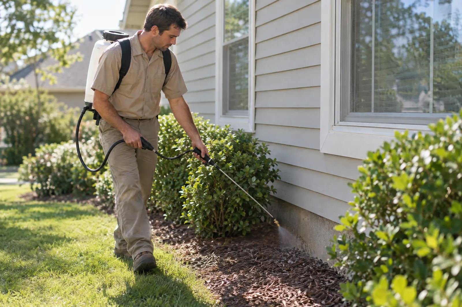 Pest control technician treating the outside of a house