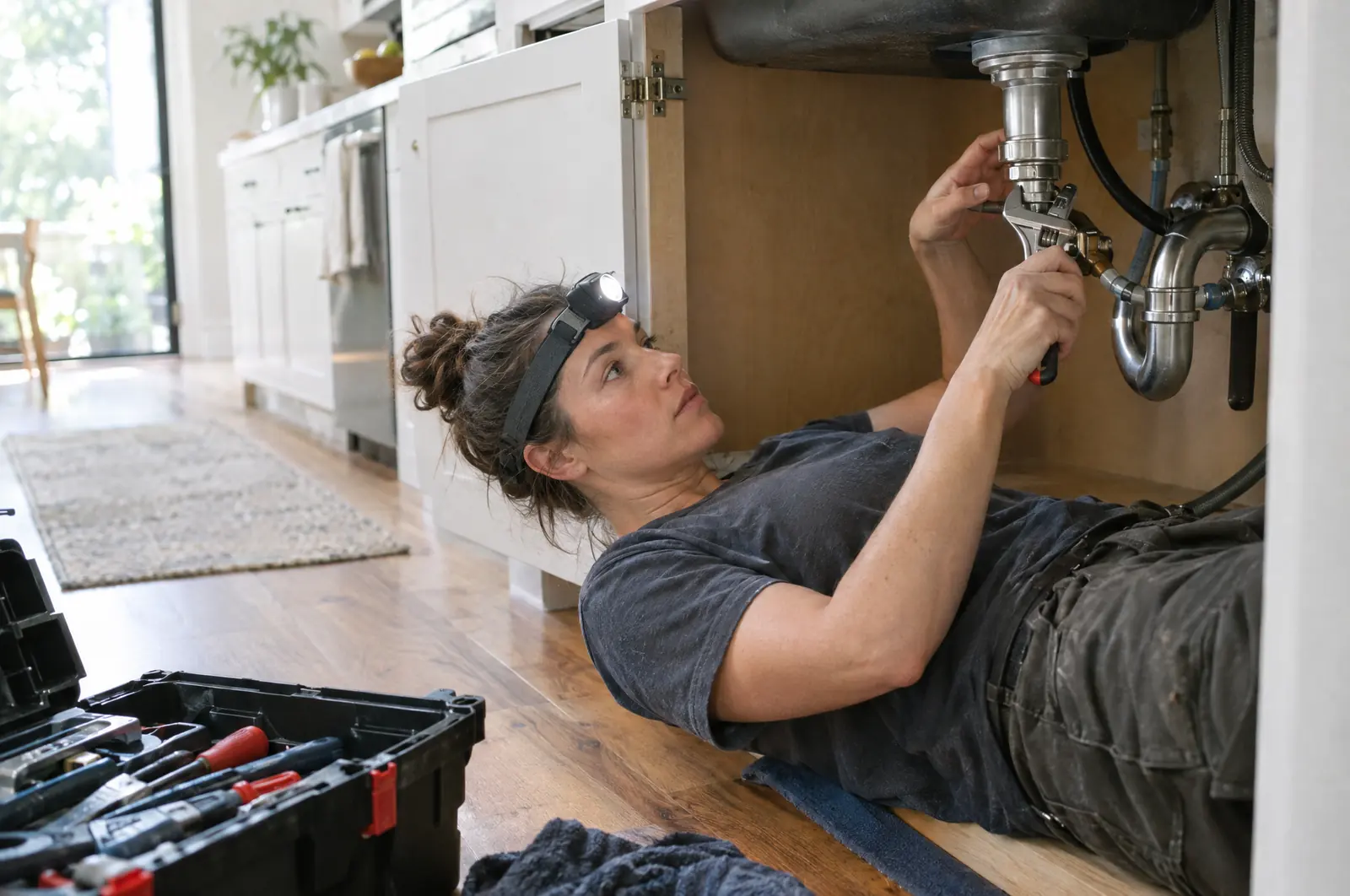 Plumber fixing the pipes under a kitchen sink