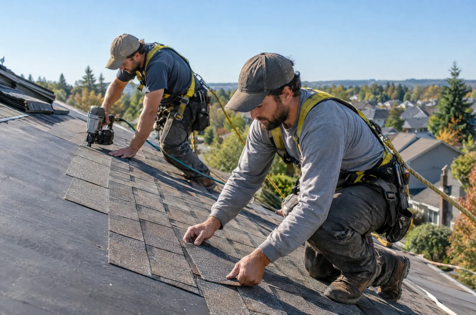 Two roofers installing shingles on a house
