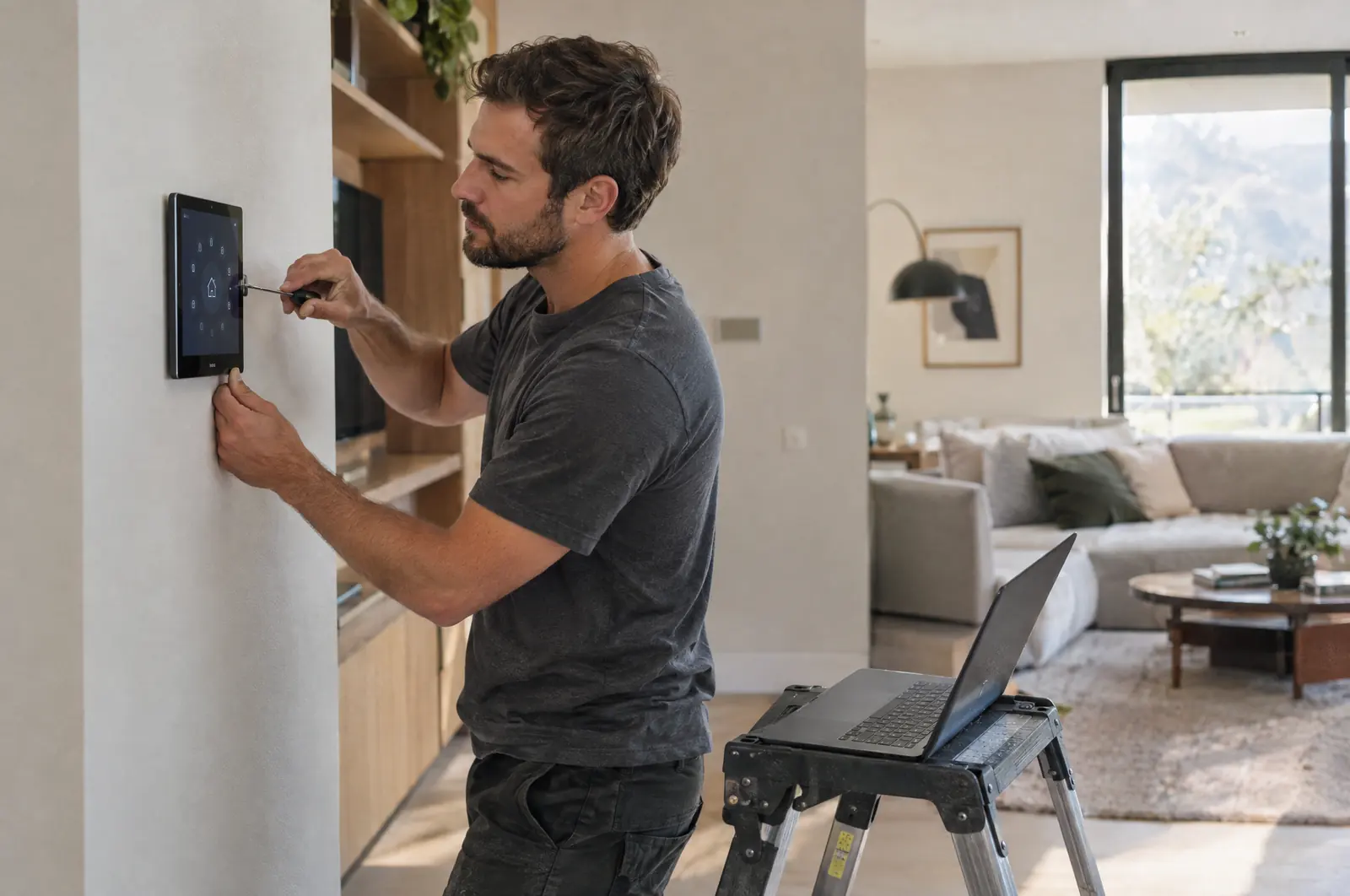 Installer mounting a smart home control panel on a living room wall