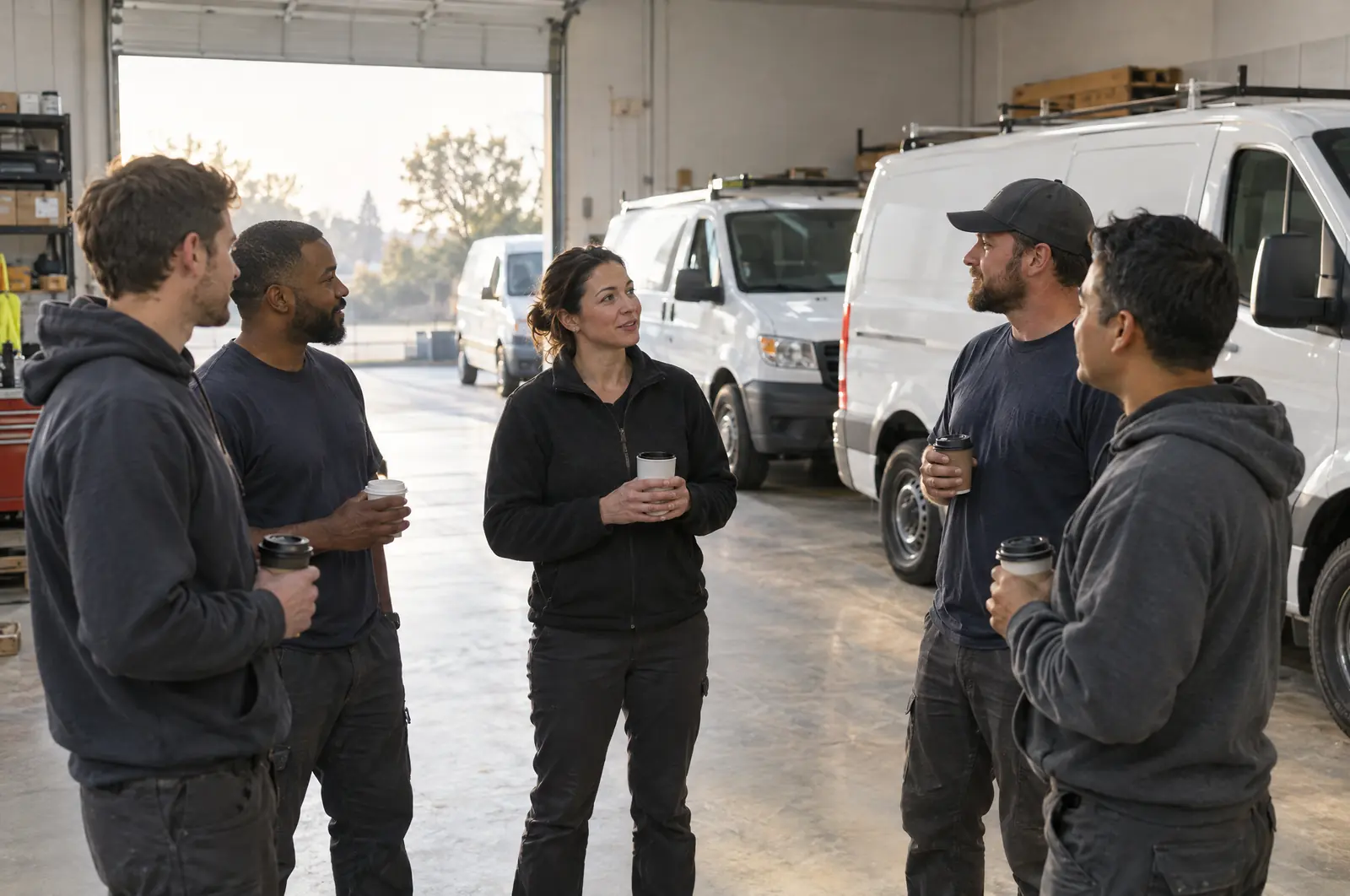 Service team meeting in the shop before the day starts