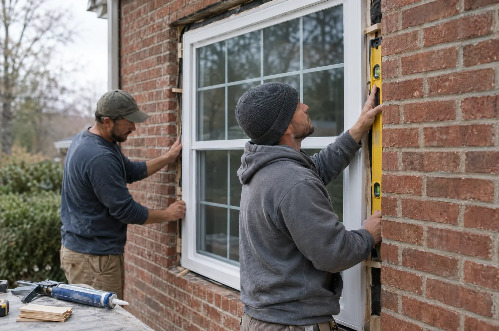 Two installers fitting a new window into a brick wall